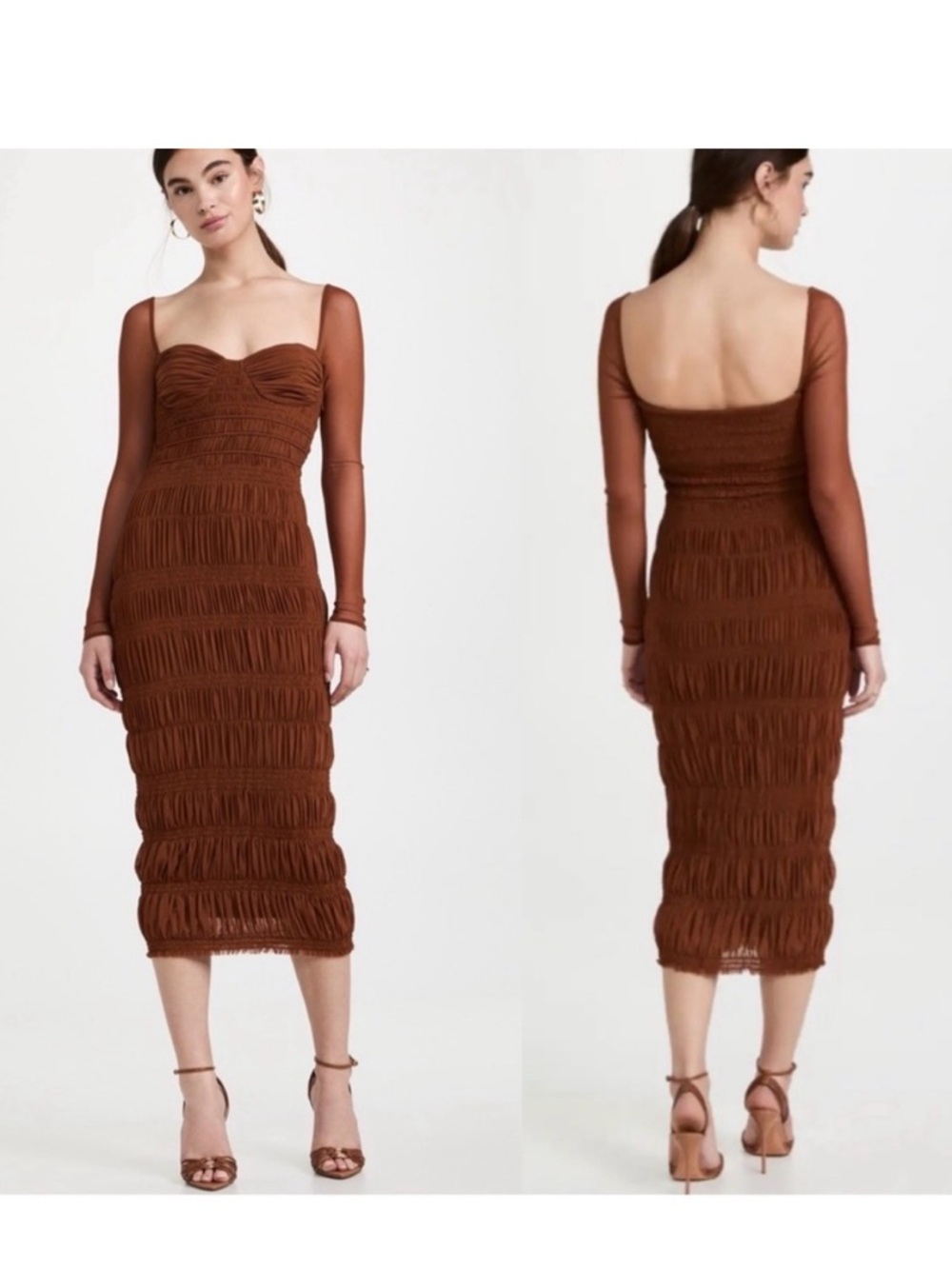 Self-Portrait Caramel Shirred Midi Dress